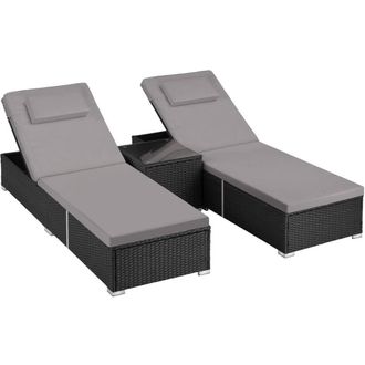 TecTake Carbonera Rattan Double Lounge Chair with Table, Adjustable Backrest in Black | Size: 2 Seater