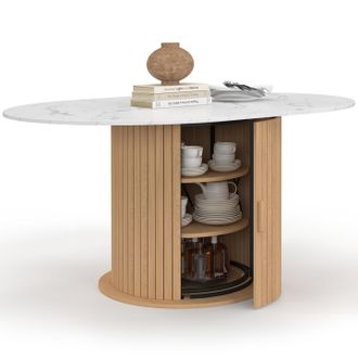 IDMarket Juliette Tavolo Da Pranzo Rotondo Allungabile Per 4-8 Persone Con Gambe A Doghe E Piano Effetto Marmo Bianco 110-150 Cm