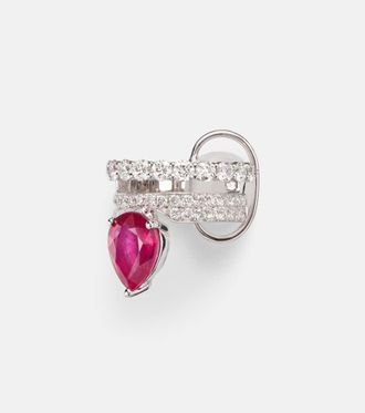 Yeprem 18kt white gold (750/1000) single clip-on earring with ruby and diamonds