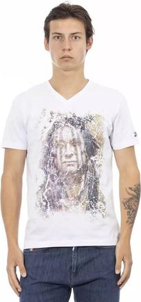 Trussardi Mens Native American Graphic Vneck Tee - White Cotton - Size X-Large