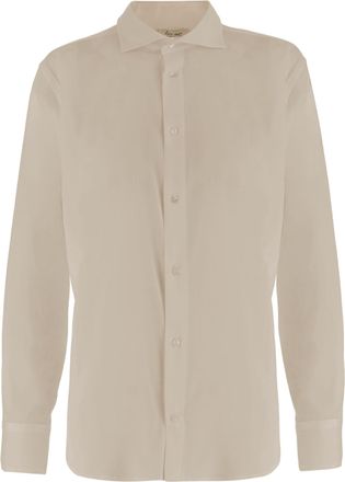 Her Shirt Beige Classic Collar Buttoned Cuffs Stretch Silk Shirt