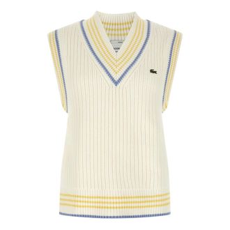 Lacoste Sleeveless Knitwear, male, White, Size: 5XL Ribbed V-Neck Cotton Vest