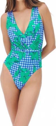 Hutch Salena V-Neck One-Piece Swimsuit With Belt In Cobalt/teal Gingham Backed Floral