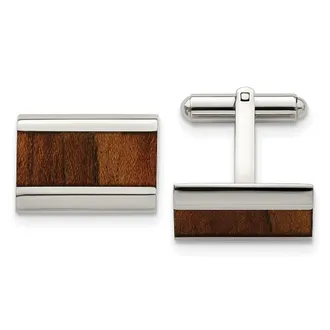 Diamond2Deal Stainless Steel Polished Koa Wood Inlay Rectangle Cufflinks