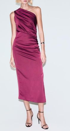 Mango Ruched One-Shoulder Satin Maxi Dress in Fuchsia at Nordstrom, Size 10