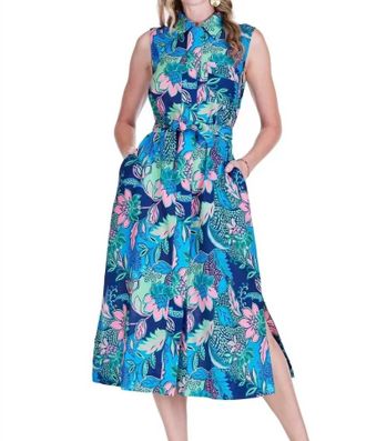 Jade Yoga Womens Pocket Slit Midi Shirtdress In Blue Vivid Vines