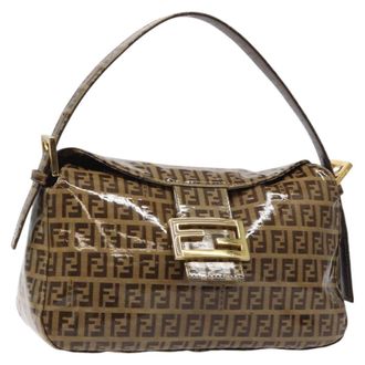 Fendi Vintage Ff Buckle Curved Hobo Zucchino Coated Canvas Brown Patent_Leather Handbag (Pre-Owned)