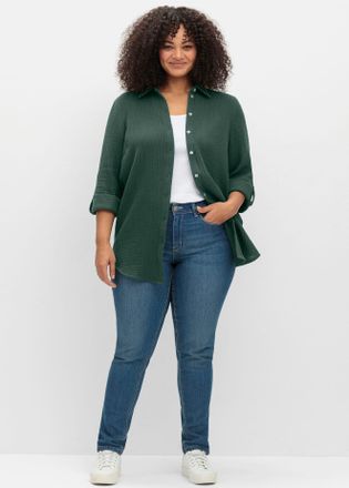 Sheego Hemdbluse SHEEGO, Damen, Gr. 46, moos, 100% Baumwolle, unifarben, Blusen Hemdbluse