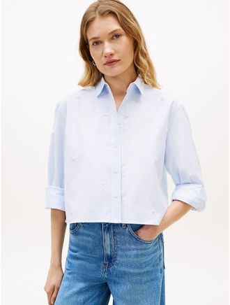 Tommy Hilfiger Womens Embellished Cropped Poplin Shirt - White - XS