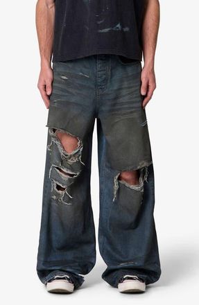 mnml Oil Stain Rave Ripped Relaxed Wide Leg Jeans in Blue at Nordstrom, Size 32