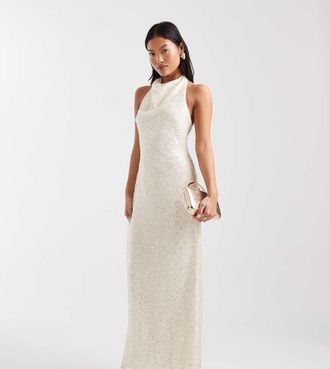 Forever New Vestito lungo da sposa color crema allacciato al collo con paillettes-Bianco