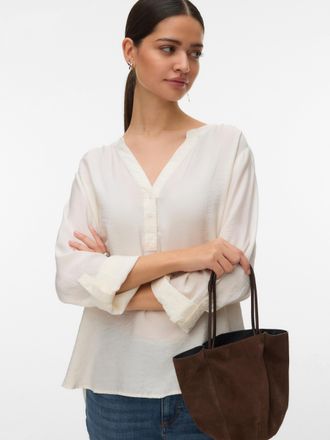 Vero Moda Blusenshirt VERO MODA VMKAJA LS V-NECK FOLD-UP TOP WVN, Damen, Gr. XL, snow wei&szlig;, Jersey, Obermaterial: 83% Viskose, 17% Nylon, unifarben, regular fit