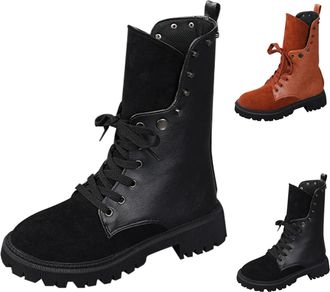 Generic Womens Mid-Calf Boots Slouchy Retro Low Heel Platform Combat Boots Round Toe Motorcycle Riding Boot Soft PU Leather with Lace Up for Fall, Winter, Cas
