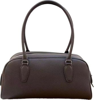Generic Urban Minimalist Style Womens Bowling Bag Leather Underarm Handbag Double Zipper Soft Cowhide Shoulder(Ebony ribbon)