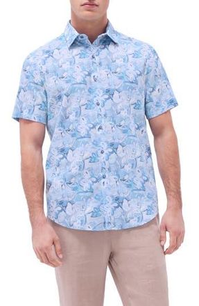 Bugatchi Orson Shaped Fit Cotton & Linen Camp Shirt in Teal at Nordstrom Rack, Size Xxx-Large