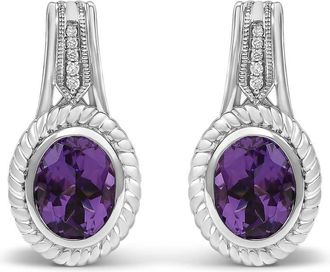 House of Brilliance Sterling Silver Oval Purple Amethyst and Diamond Accent Rope Design Drop Earrings