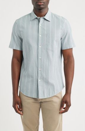 Nordstrom Cotton Blend Seersucker Button-Up Shirt in Blue Spruce Andiamo Stripe at Nordstrom, Size Xxx-Large
