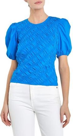 English Factory Asymmetric Shirred Puff Sleeve Top in Sapphire Blue at Nordstrom Rack, Size X-Small