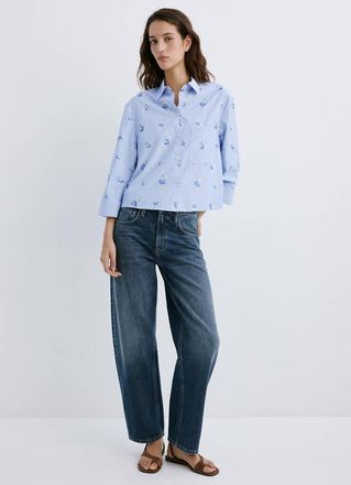 Mango Camicia righe ricamo floreale celeste - Donna - XS - MANGO