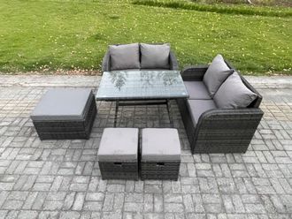 Fimous Outdoor Garden Furniture Sets 6 Pieces Rattan Furniture Manual Wicker Patio Sofa Patio Conversation Set with 3 Footstools in Dark Grey