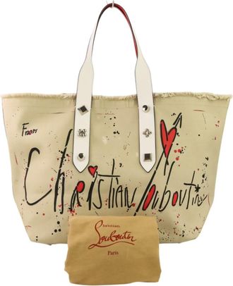 Christian Louboutin Beige Red Color White Canvas Tote Bag (Pre-Owned)