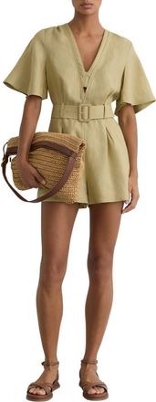 Reiss Sansi Linen Romper in Green at Nordstrom, Size 14 Us