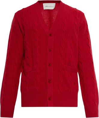 Ami Kabelgebreide Wol Cardigan - Heren - Vesten - Rood - M - Wol - Truien & Vesten