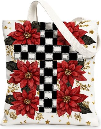 Generic Vintage Floral Canvas Tote Bags, Poinsettia Design Reusable Grocery Bags, Winter Lightweight Washable Shoulder Strap Canvas, White, 13x15 Inch