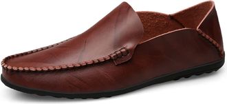 Generic Mens Loafers Genuine Leather Round Toe Stitching Details Classic Anti-Slip Slip Resistant Comfortable Driving Fashion Slip-ons(Wine Red,5.5 UK)