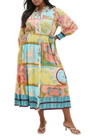 City Chic Paulo Map Print Long Sleeve Shirtdress in Wanderlust at Nordstrom, Size Xxxs