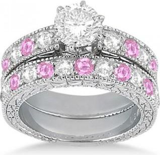 Allurez Antique Diamond & Pink Sapphire Bridal Set 14k White Gold (1.80ct)