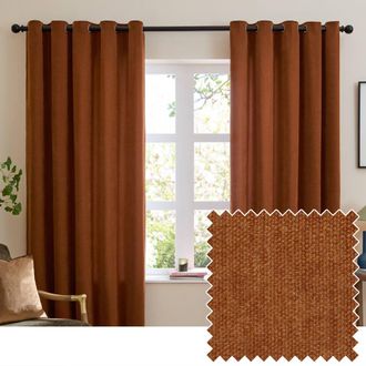 furn. Soft Chenille Blackout Eyelet Curtain Pair in Burnt Orange | Size: 229 cm width x 183 cm drop