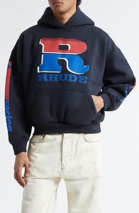 Rhude Split Petrol Logo Graphic Hoodie in Vintage Black/Red/Blue at Nordstrom, Size X-Large