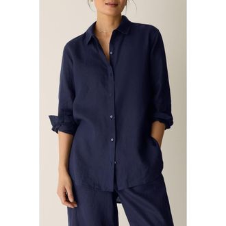 Eileen Fisher Classic Collar Organic Linen Long Button-Up Shirt in Ink at Nordstrom, Size Xx-Small