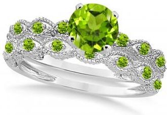 Allurez Vintage Peridot Engagement Ring Bridal Set 14k White Gold 1.36ct