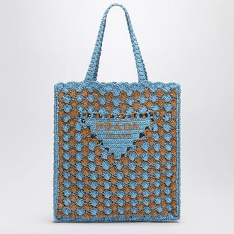 Prada Sky blue/caramel crochet tote bag with logo