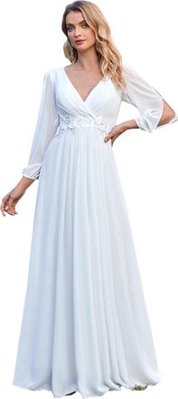 MisShow Womens Plus Mother of The Wedding Guest Dress A line Chiffon Lace Long Sleeve V Neck Long Wedding Dress White 20