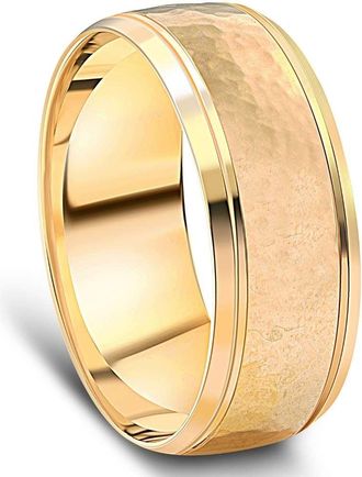 Pompeii3 Mens 8mm 14k Yellow Gold Ring Hammered Beveled Edge Wedding Band