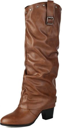 Generic Womens Knight Boots, Elegant PU Knee-High Boots with Pleated Look And Studded Details Comfortable Round Toe Slip-On Shoes for Autumn Winter Outdoor Pa