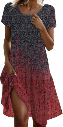 Generic Womens Summer Midi Dresses Short Sleeve Crewneck Causal Sundress Polka Dots Print Boho Ladies A-line Swing Dress for Beach Holiday Party Going Out Gre