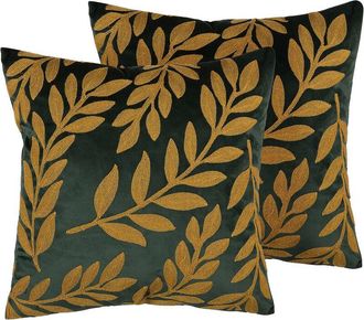 Beliani Beliani - Conjunto De Cojines Decorativos En Terciopelo Verde Con Hojas 45 X 45 Cm Estampado Floral Decoraci&oacute;n Moderna Retro Mistletoe