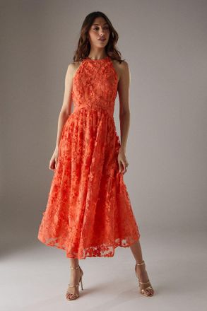 Warehouse Womens 3D Embroidered Halter Open Back Midi Dress - Orange - Size 12 UK