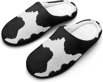 Generic Cow Skin Pattern Mens House Slippers Memory Foam Washable Cotton Slip on Home Shoes