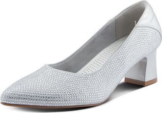 Spring Step Womens Senna Block Heel Pumps with Pointy-Toe Silhouette, Shimmering Crystals, and Comfortable Fit, Silver, 7.5-8