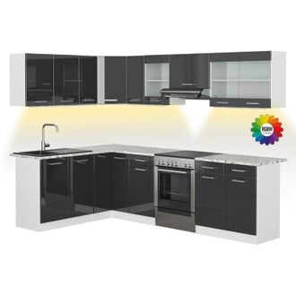 Vicco Cucina ad angolo Rick, Bianco/antracite lucido, 267 x 167 cm, pl Marmo con striscia led