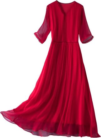 Dissa Women Red 100% Silk Dress Solid V-Neck Short Sleeve Silk Knee-Length Casual Cocktail Party Prom Dress Pleated High-Waisted Mulberry Silk Flowy Dress,U