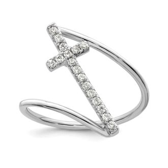 Diamond2Deal Sterling Silver Rhodium-plated Polished Cubic Zirconia Cross Ring