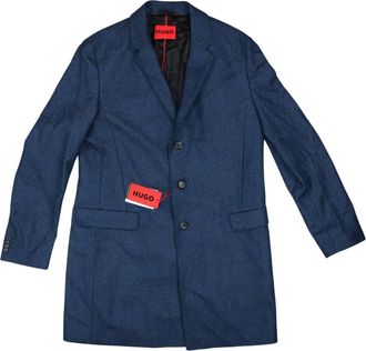 HUGO BOSS Mens Migor Wool Blend Long Length Button Front Overcoat In Blue