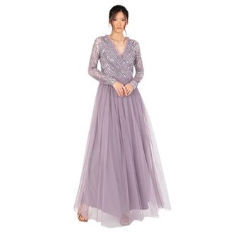 Maya Womens Maxi Dress Ladies Embellished Wrap Tulle Frilly V-Neck Long Sleeve for Wedding Guest Bridesmaid Prom Ball Gown, Moody Lilac, 22