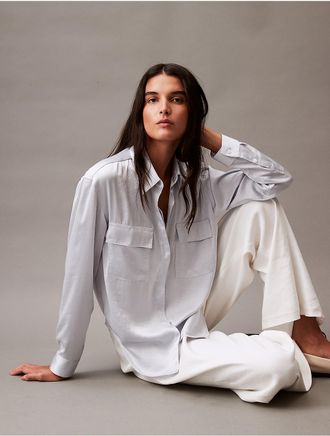 Calvin Klein Womens Crushed Satin Button-Down Shirt - Blue - XS